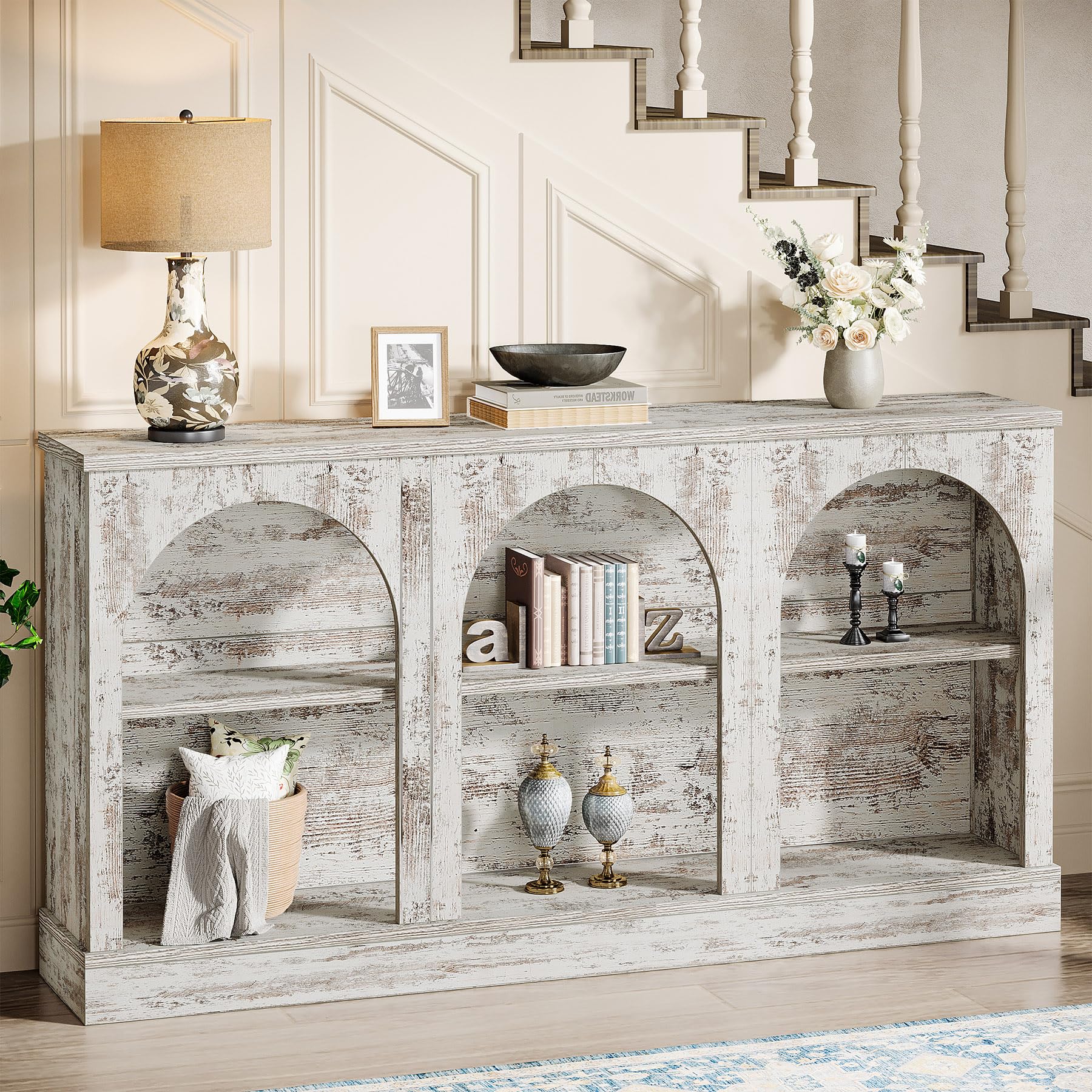 Tribesigns Farmhouse Console Table, 63-Inch Long Entryway Table with 3 Tier Storage, Wooden Rectangular Sofa Table Behind The Couch for Entrance, Hallway, Living Room, Brown | Entryway Table