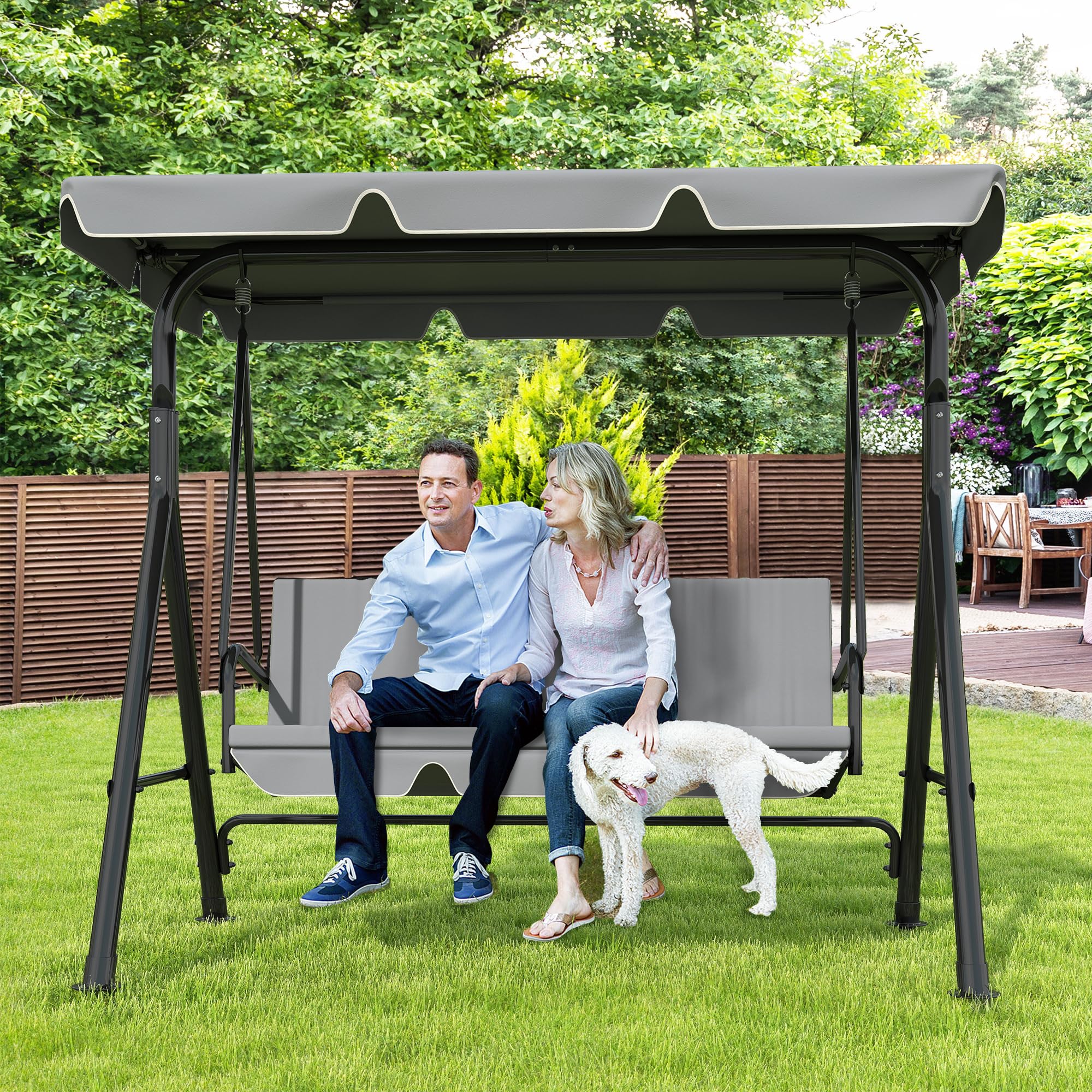 3-Seat Patio Swing Chair,Outdoor Porch Swing with Adjustable Canopy and Durable Steel Frame for Patio, Garden, Poolside (Black)