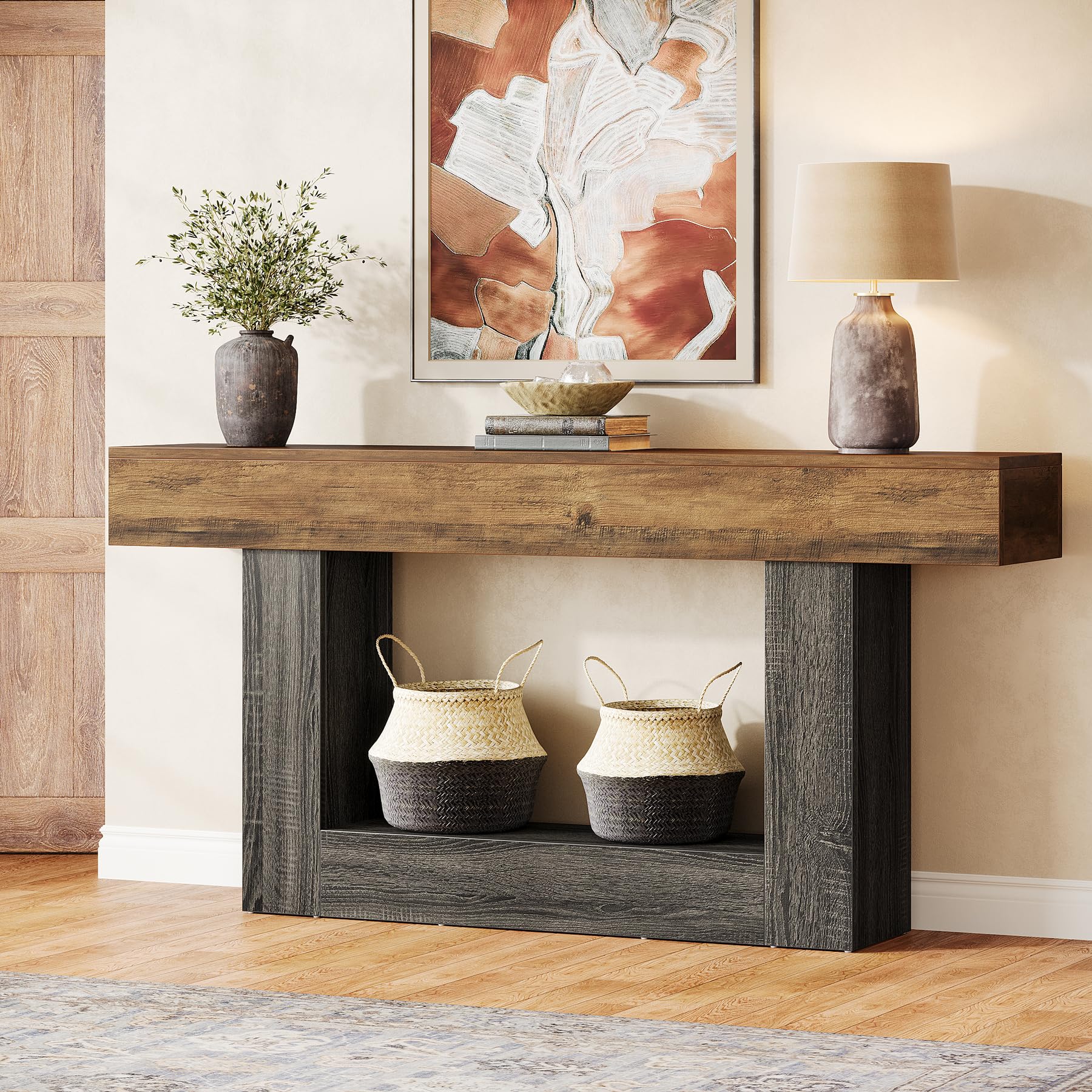 Tribesigns 63-Inch Long Console Table, 2-Tier Entryway Table Sofa Table with Storage, Farmhouse Wood Behind Couch Tables for Living Room, Hallway, Rustic Brown & Gray