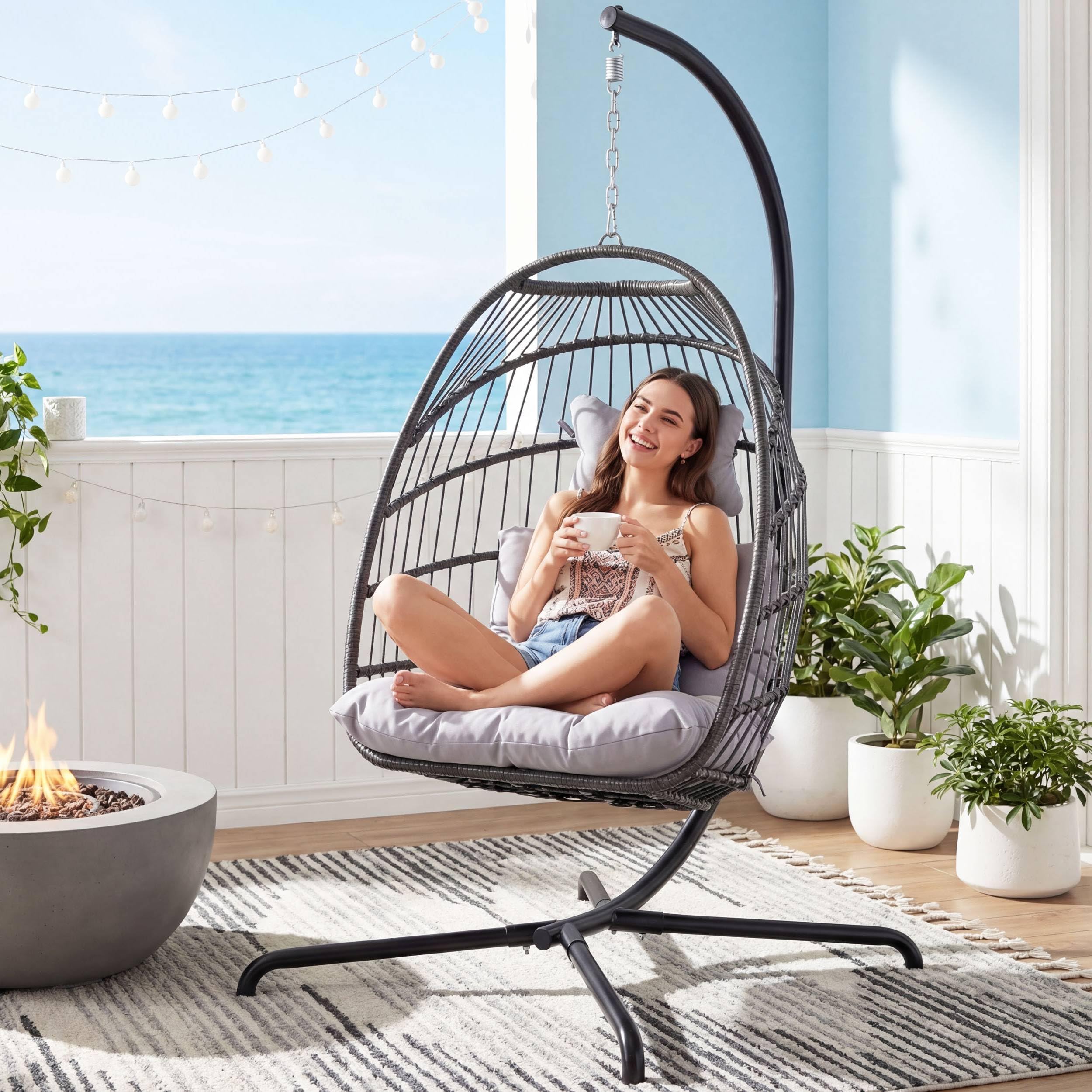 NICESOUL Double Swing Egg Chair with Stand, Extra Large 2 Person Indoor Outdoor Wicker Loveseat, Oversized Patio Hanging Basket Chair with Cushions, Cozy Sturdy Porch Swing for Backyard Balcony, Beige