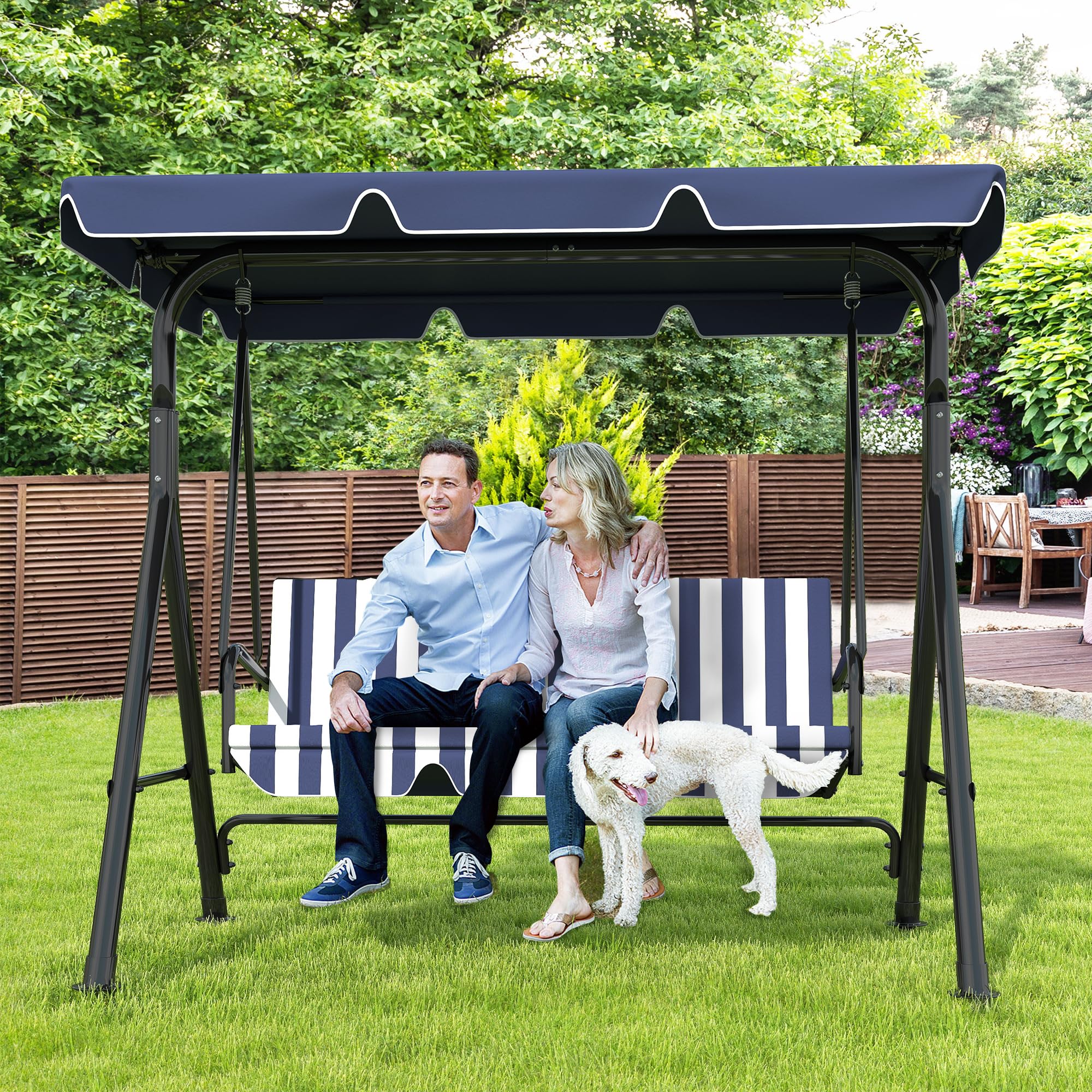 3-Seat Patio Swing Chair,Outdoor Porch Swing with Adjustable Canopy and Durable Steel Frame for Patio, Garden, Poolside (Black)