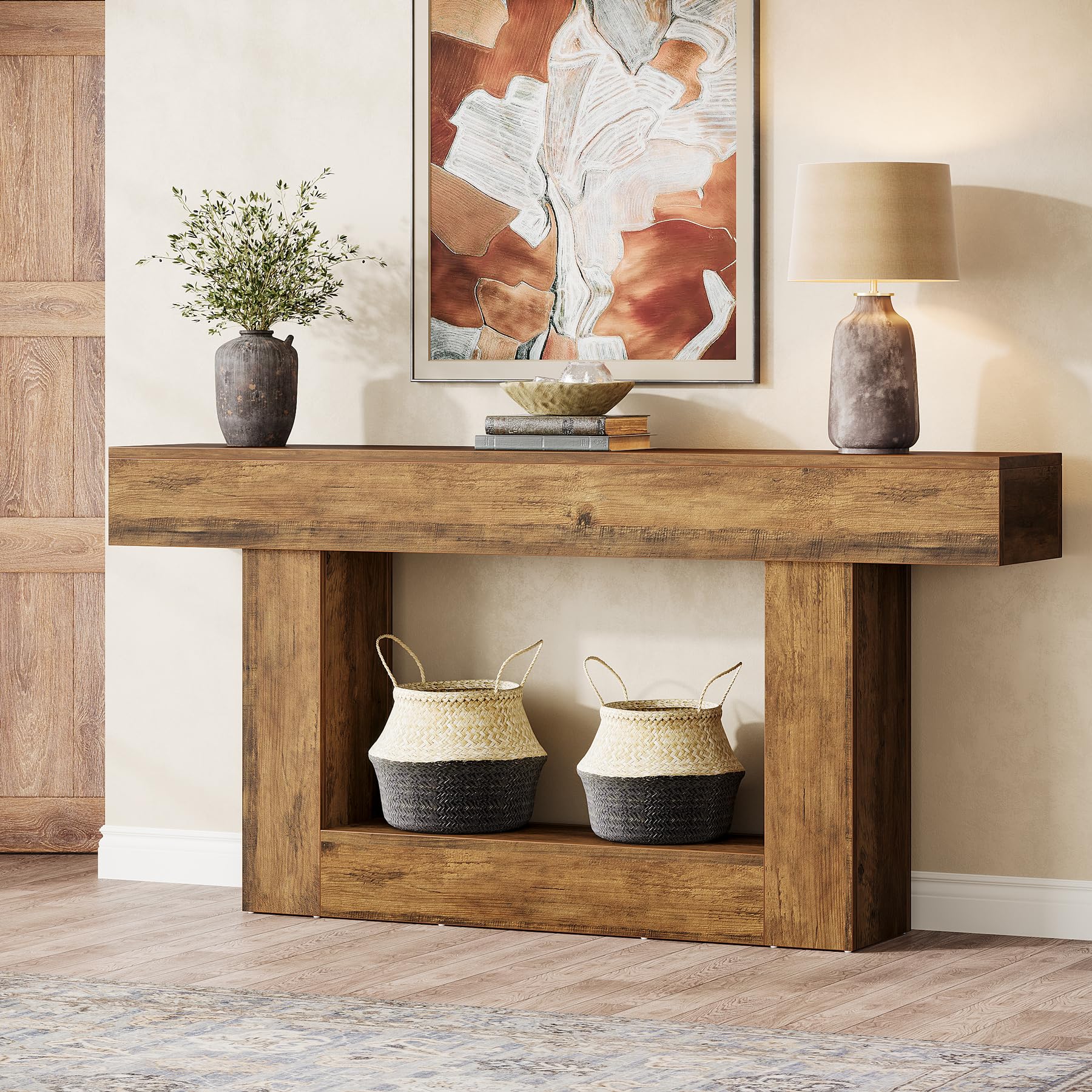 Tribesigns 63-Inch Long Console Table, 2-Tier Entryway Table Sofa Table with Storage, Farmhouse Wood Behind Couch Tables for Living Room, Hallway, Rustic Brown & Gray