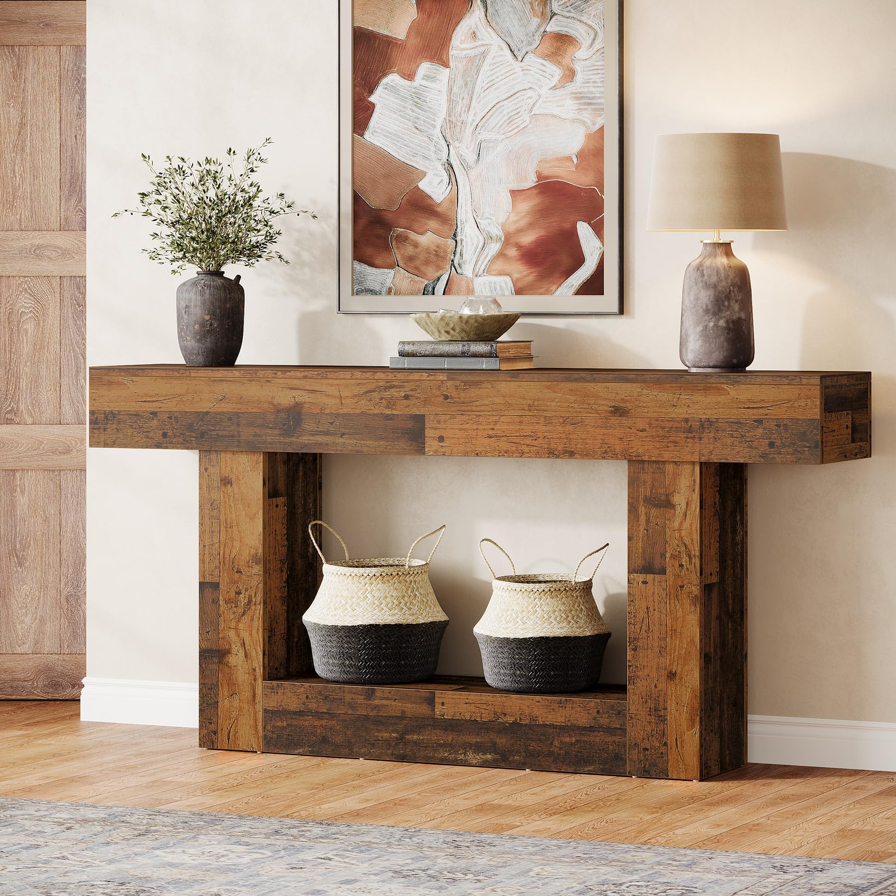 Tribesigns 63-Inch Long Console Table, 2-Tier Entryway Table Sofa Table with Storage, Farmhouse Wood Behind Couch Tables for Living Room, Hallway, Rustic Brown & Gray