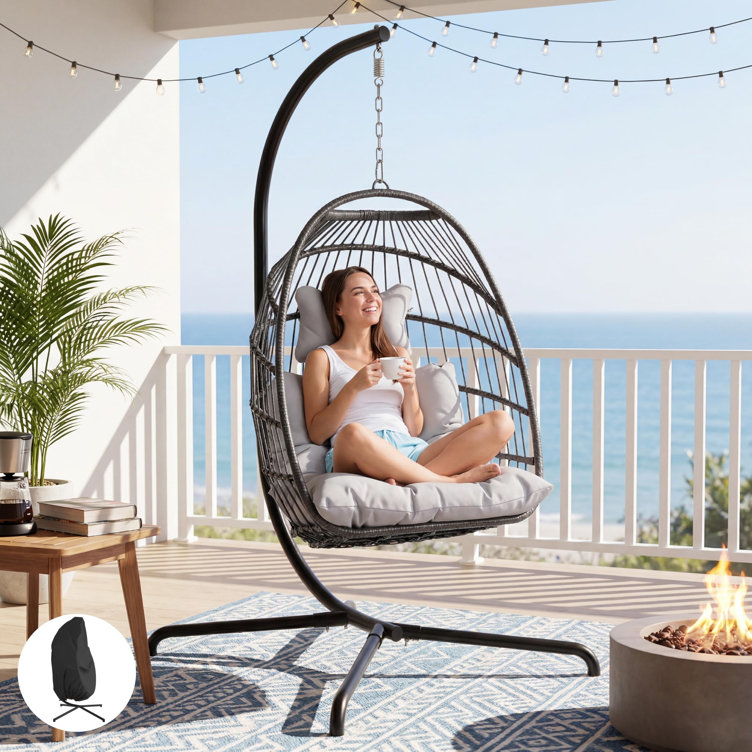 NICESOUL Hanging Egg Chair with Stand Indoor Outdoor, Comfy Patio Rattan Swing Hammock Chairs with Cushion, 350lbs Capacity Egg Shaped Chair for Lawn Backyard Balcony Bedroom, Birthday Gift, Beige