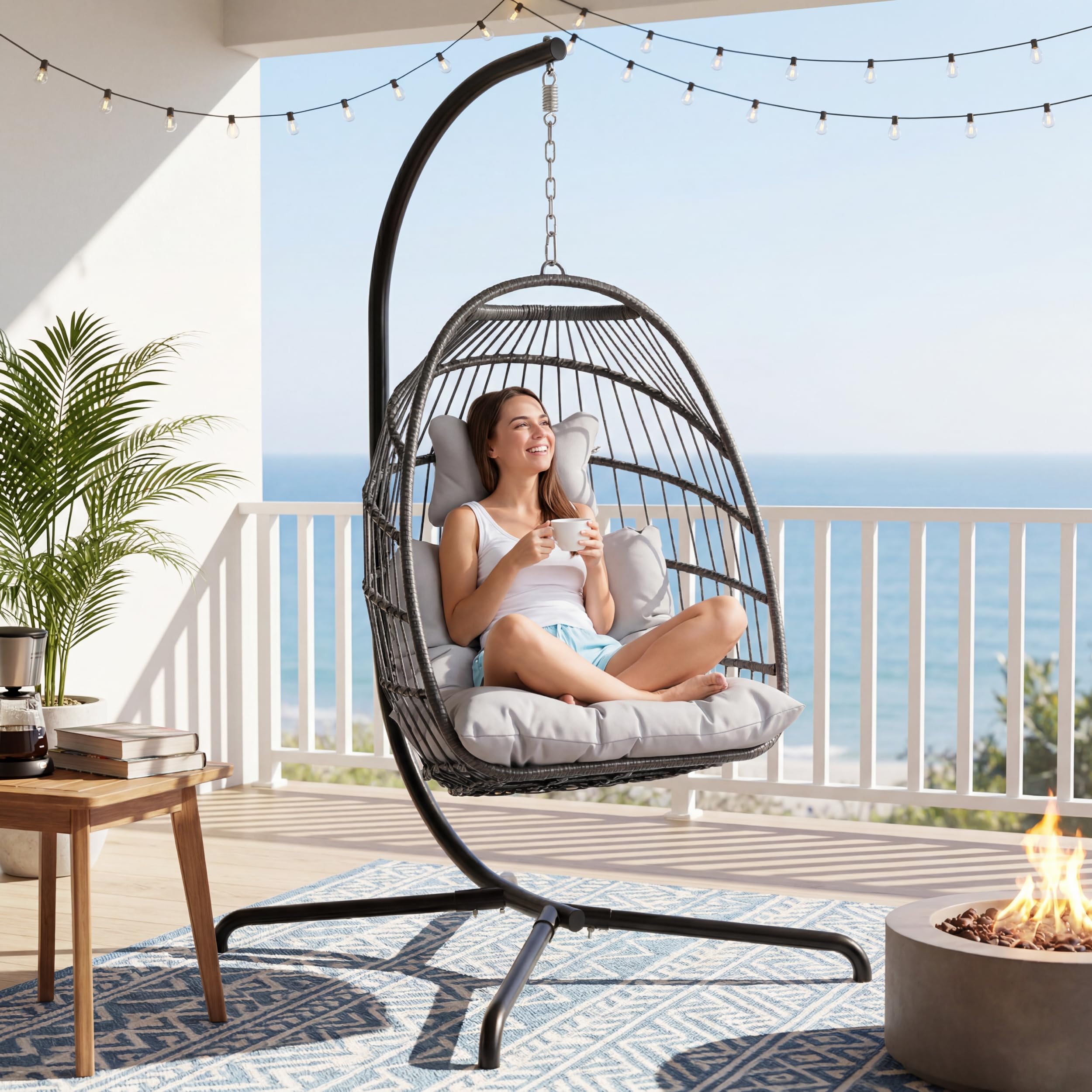 NICESOUL Hanging Egg Chair with Stand Indoor Outdoor, Comfy Patio Rattan Swing Hammock Chairs with Cushion, 350lbs Capacity Egg Shaped Chair for Lawn Backyard Balcony Bedroom, Birthday Gift, Beige