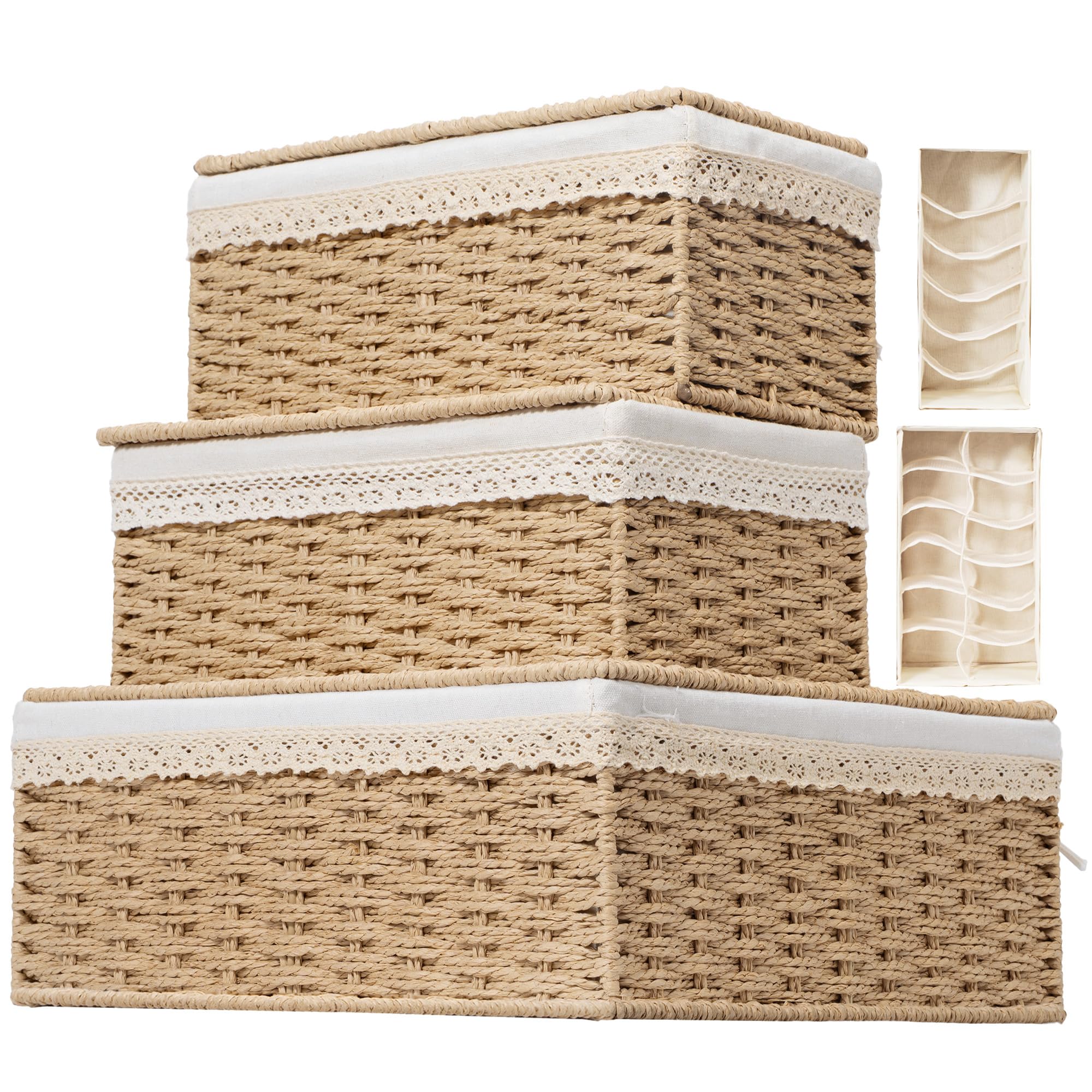 Nonam Storage Basket with Lid, Natural Seagrass Bin with Lid Set of 3, Shelf Baskets Multipurpose Container for Boho Decoration, Rectangular Household Storage Boxes for Home Organization-Natural