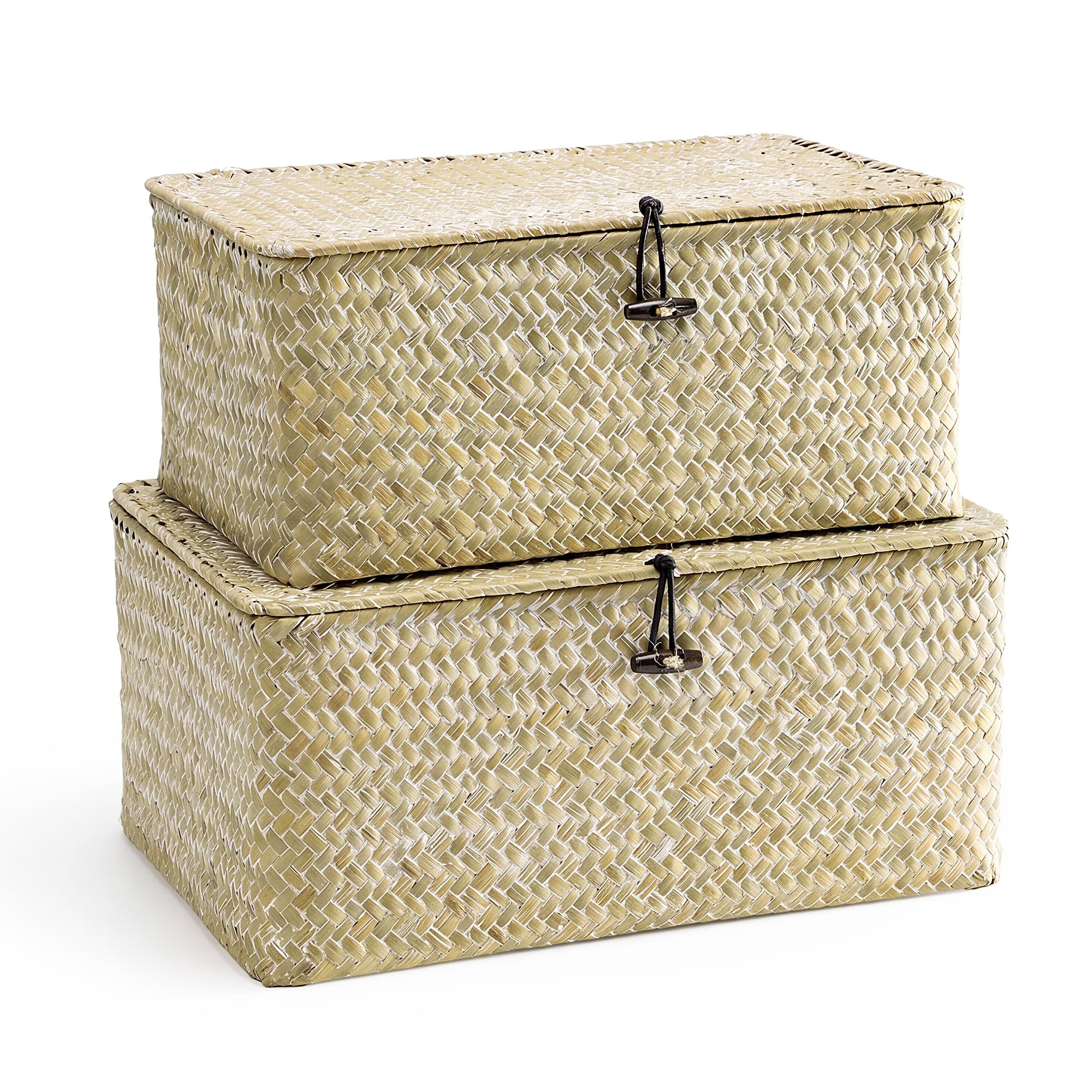 Nonam Storage Basket with Lid, Natural Seagrass Bin with Lid Set of 3, Shelf Baskets Multipurpose Container for Boho Decoration, Rectangular Household Storage Boxes for Home Organization-Natural