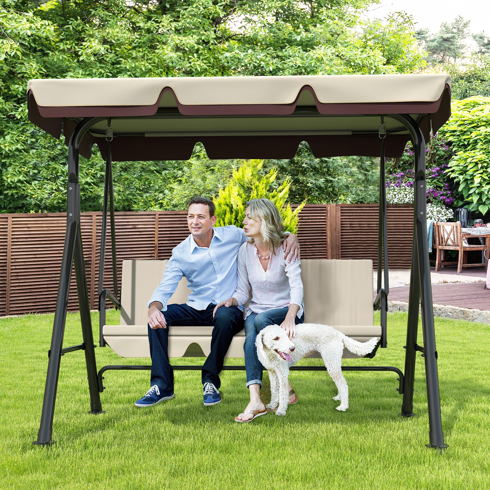 3-Seat Patio Swing Chair,Outdoor Porch Swing with Adjustable Canopy and Durable Steel Frame for Patio, Garden, Poolside (Black)