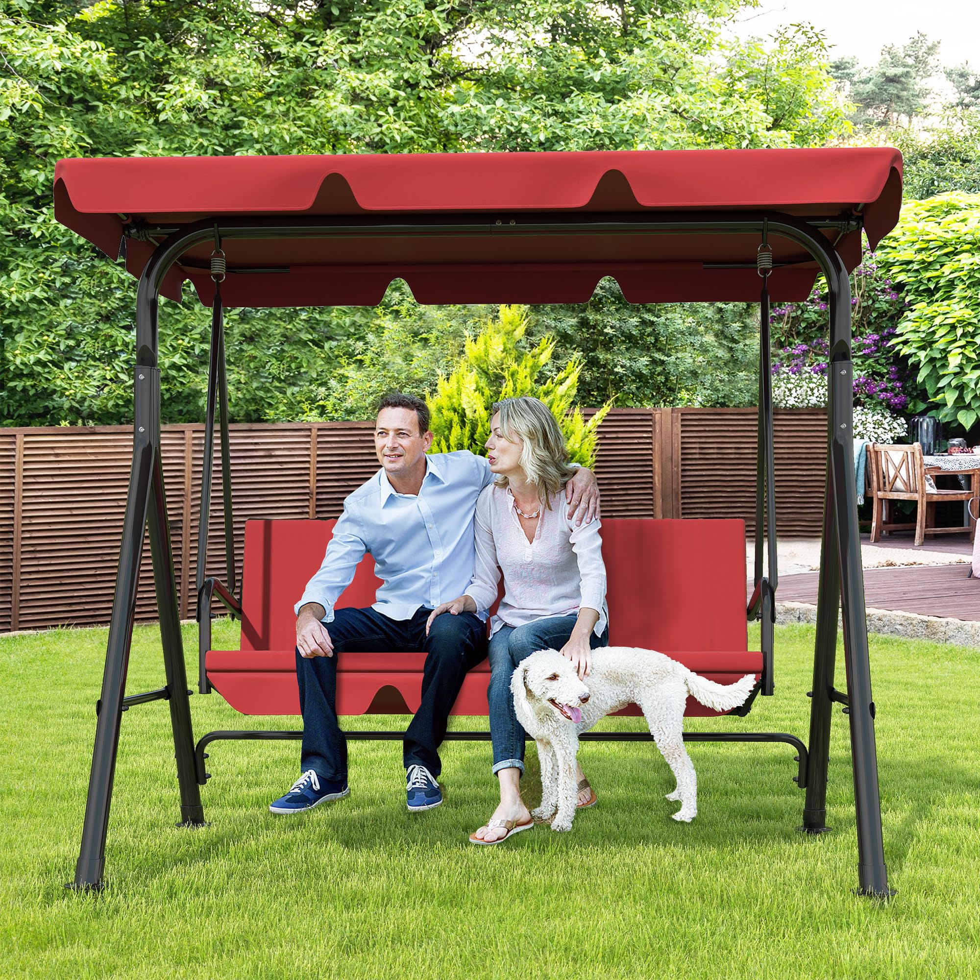 3-Seat Patio Swing Chair,Outdoor Porch Swing with Adjustable Canopy and Durable Steel Frame for Patio, Garden, Poolside (Black)