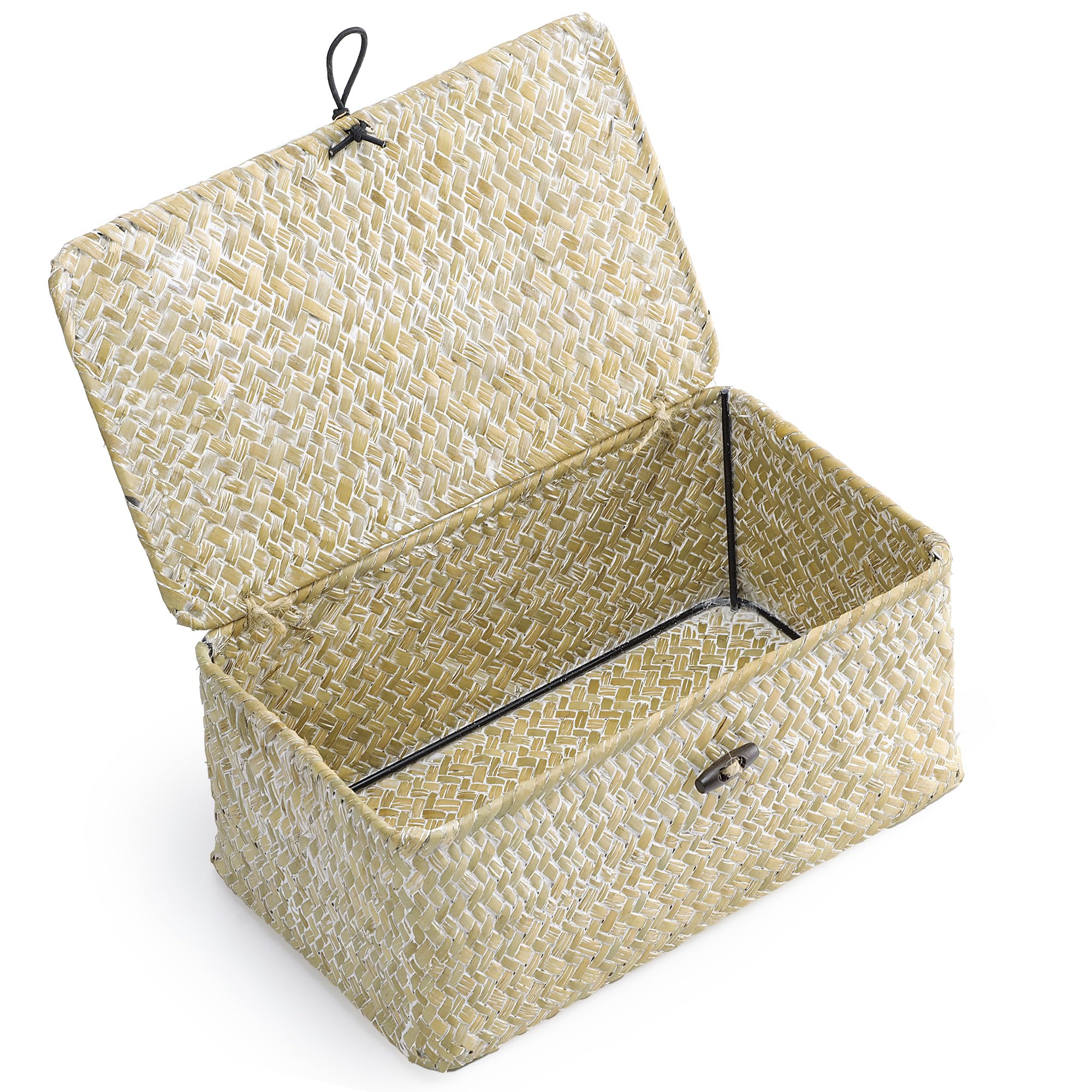 Nonam Storage Basket with Lid, Natural Seagrass Bin with Lid Set of 3, Shelf Baskets Multipurpose Container for Boho Decoration, Rectangular Household Storage Boxes for Home Organization-Natural