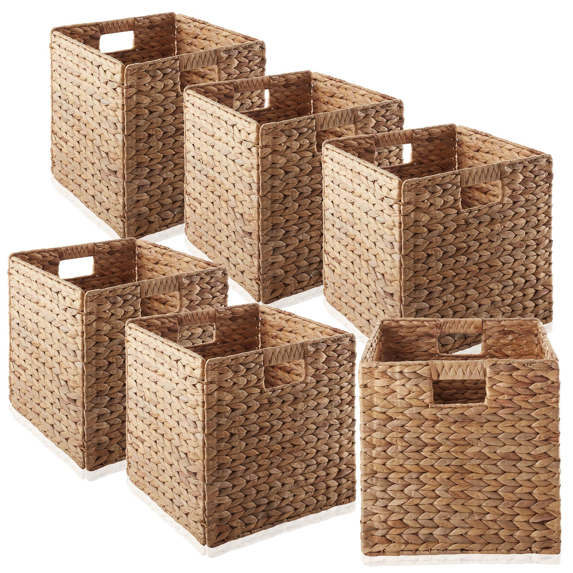 Casafield 12" x 12" Water Hyacinth Storage Baskets, Natural - Set of 6 Collapsible Cube Organizers, Woven Bins for Bathroom, Bedroom, Laundry, Pantry, Shelves